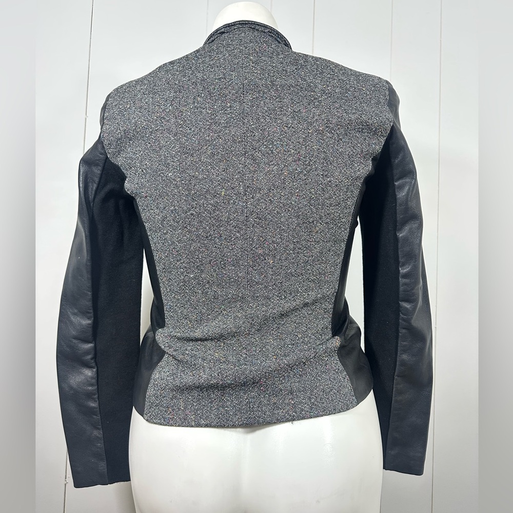 Cole Haan Sz 10 Gray Black Lambskin Leather Wool Blend Tweed Full Zip Jacket - Picture 7 of 14